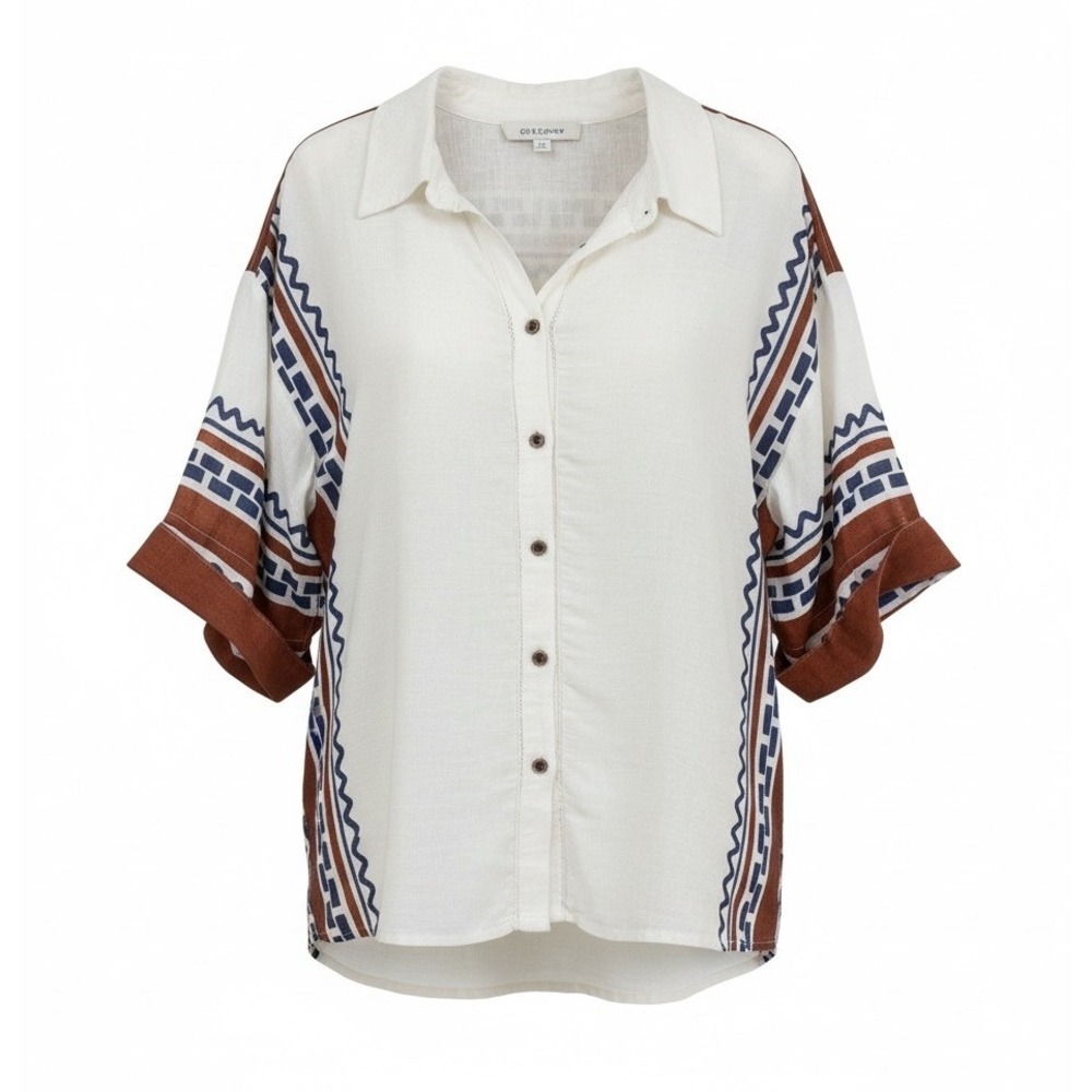 Anthropologie Linen Blend Geometric Border Print Button Up Shirt Neutral Medium